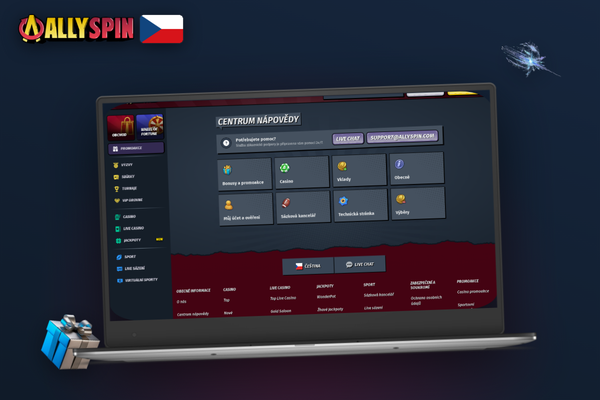 Přihlášený hráč Allyspin Casino s ikonou live chatu a odkazem na nápovědu