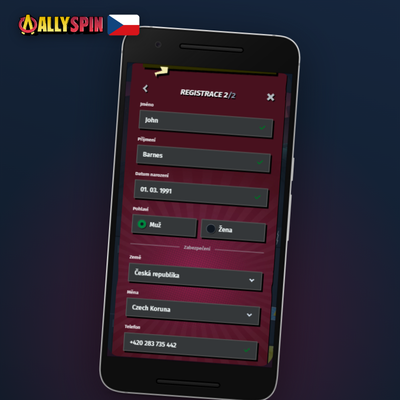 Vytvoření účtu Allyspin Casino e-mailem s potvrzovacím odkazem